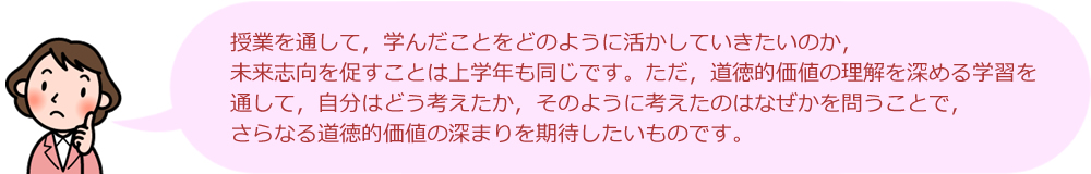 授業を通して、学んだことを活かしながら、これから自分はどうしていきたいのか、未来志向を促すことは上学年も同じです。ただ、道徳的価値の理解を深める学習を通して、自分はどう考えたか、そのように考えたのはなぜかを問うことで、さらなる道徳的価値の深まりを期待したいものです。