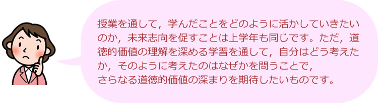 授業を通して、学んだことを活かしながら、これから自分はどうしていきたいのか、未来志向を促すことは上学年も同じです。ただ、道徳的価値の理解を深める学習を通して、自分はどう考えたか、そのように考えたのはなぜかを問うことで、さらなる道徳的価値の深まりを期待したいものです。